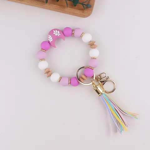 Llavero de Pulsera de Cuentas de Silicona de Luna con Borla de Cuero y Cuenta de Madera Anillo de Llave para Bolsos Mujer Niña Regalo