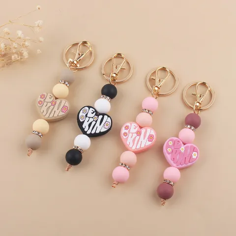 Handmade DIY Silicone Bead Keychain For Women Cartoon Heart Charm Bag Pendant Gold Alloy Clasp Rhinestone Decor Be Kind Gift