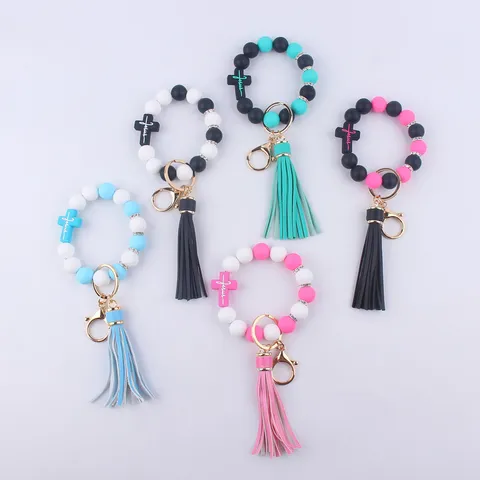 Silicone Cross Beaded Bracelet Keychain For Women Fashion Tassel Wristlet Bangle Key Ring Religious Jewelry Gift