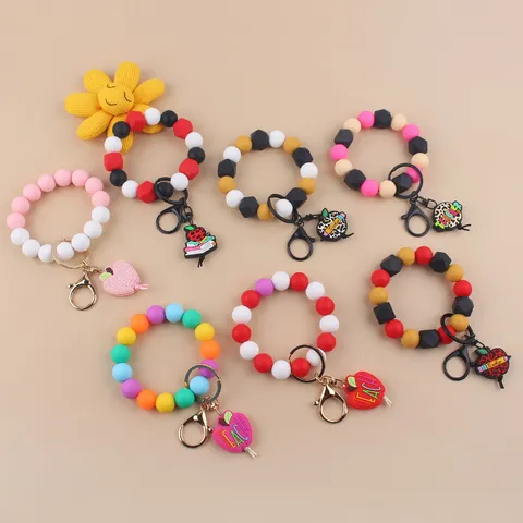 Silicone Beaded Bracelet Keychain Teacher Gift Apple Pencil Charm Wristlet Key Ring For Women