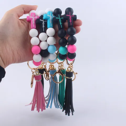 Silicone Cross Beaded Bracelet Keychain For Women Fashion Tassel Wristlet Bangle Key Ring Religious Jewelry Gift