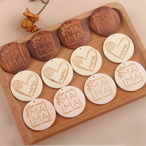 Mother Day Wooden Round Disc Keychain Pendant Creative Mama Letter Heart Leopard Pattern DIY Craft Decorative Accessories