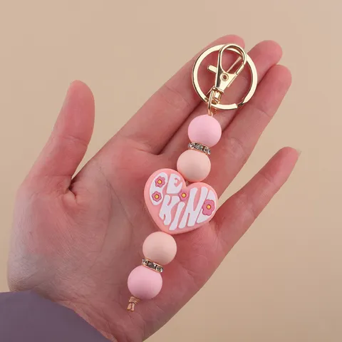 Handmade DIY Silicone Bead Keychain For Women Cartoon Heart Charm Bag Pendant Gold Alloy Clasp Rhinestone Decor Be Kind Gift