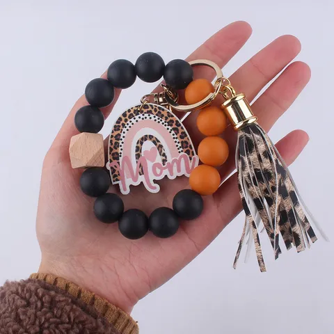 Mother's Day Gift Silicone Bead Keychain Bracelet With Leather Tassel Rainbow Heart Charm Mom Mama Wristlet Key Ring For Women