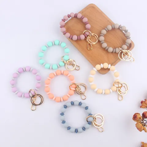 Nuevo Llavero de Pulsera de Cuentas de Silicona Para Mujer Cuentas Espaciadoras de Color de Contraste Brazalete Llavero Joyería Hecha a Mano Regalo Accesorios