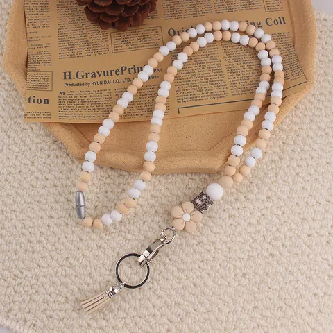 Cordino per Badge ID in Silicone con Perline di Legno Fatto a Mano Con Portachiavi Nappa Stile Fresco Collana Porta Carte per Ufficio Quotidiano Unisex