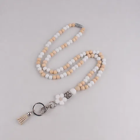 Cordino per Badge ID in Silicone con Perline di Legno Fatto a Mano Con Portachiavi Nappa Stile Fresco Collana Porta Carte per Ufficio Quotidiano Unisex