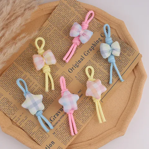 Fresh Plaid Fabric Star Bowknot Keychain Sweet Cotton Filled Bag Charm Braided Rope Phone Strap Pendant For Girls Women Gift Decorative Key Ring Accessory
