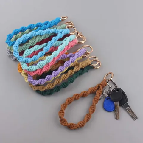 Handmade Woven Cotton Rope Keychain Wristlet Lanyard Boho Macrame Bag Charm Golden Alloy Key Ring Holder Accessories Gift
