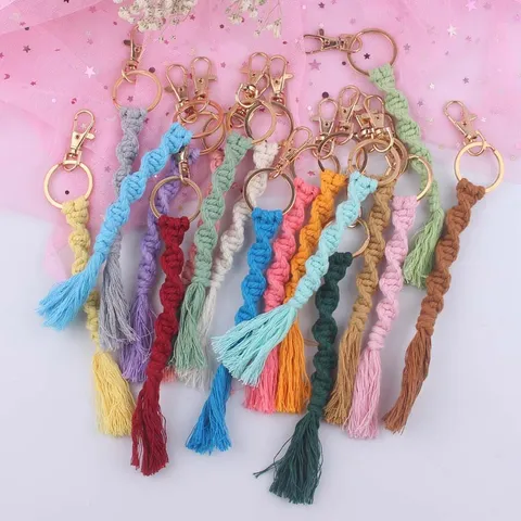 Handmade Woven Cotton Rope Keychain With Gold Alloy Lobster Clasp Bohemian Macrame Tassel Key Ring For Women Bags Car Keys Holder Charm Decor