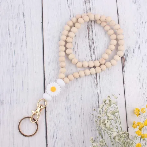 Gänseblümchen Silikon Holzperlen Schlüsselanhänger Armband Schlüsselring Mit Legierung Hummerverschluss Perlen Anhänger Tasche Charme Zubehör