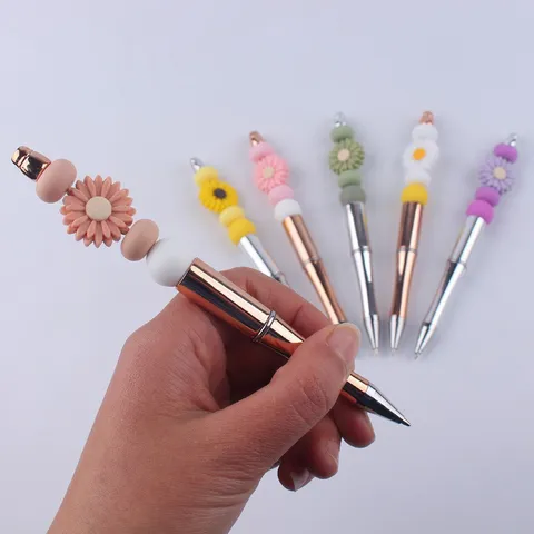 DIY Perlen Kugelschreiber Kreativ Silikon Gänseblümchen Perlen Metall Drehschreiber Für Studenten Büro Schreibwaren Geschenk