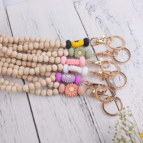 Gänseblümchen Silikon Holzperlen Schlüsselanhänger Armband Schlüsselring Mit Legierung Hummerverschluss Perlen Anhänger Tasche Charme Zubehör