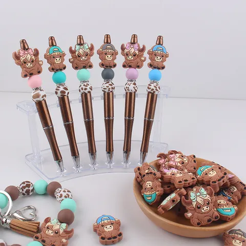 Creative Cartoon Highland Cow Silicone Beadable Pens Colorful Beads Rhinestone Plastic Ballpoint Pen For Office School DIY Craft Gift