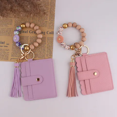Handmade Silicone Wood Beaded Keychain Wristlet With PU Leather Card Holder Tassel Daisy Pendant For Women Fashion Key Ring Gift