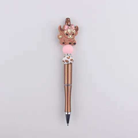 Creative Cartoon Highland Cow Silicone Beadable Pens Colorful Beads Rhinestone Plastic Ballpoint Pen For Office School DIY Craft Gift