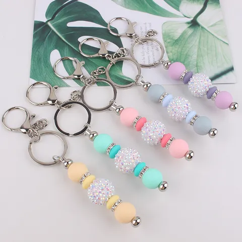 Bling Rhinestone Beaded Keychain Tassel Bag Charm For Women Trendy Pendants Keychain With Metal Ring Key Holder Ornament