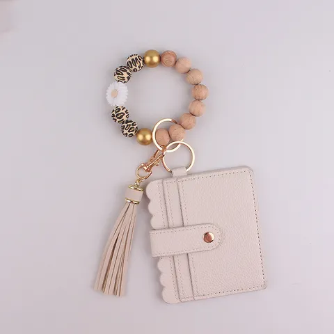 Handmade Silicone Wood Beaded Keychain Wristlet With PU Leather Card Holder Tassel Daisy Pendant For Women Fashion Key Ring Gift