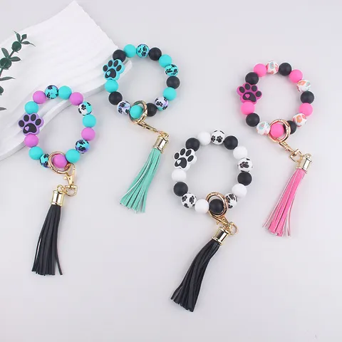 Silicone Dog Paw Print Keychain Bracelet Beaded Bangle Keyring With PU Leather Tassel Alloy Buckle Fashion Accessory For Women Wallet Pendant