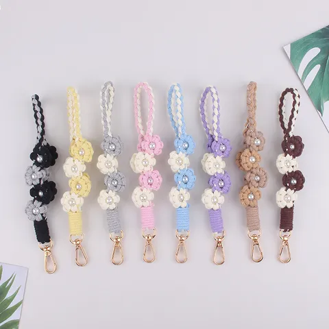 Handmade Woven Flower Keychain Sweet Candy Color Phone Lanyard With Artificial Pearl Zinc Alloy Clasp Bag Charm For Women