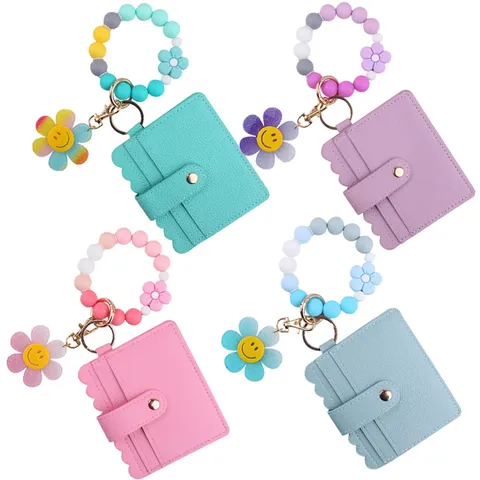 Süßer Cartoon Sonnenblume Karteninhaber Schlüsselanhänger Silikon Perlen Armband Handgelenk Geldbörse Legierung Schlüsselring Anhänger Für Frauen