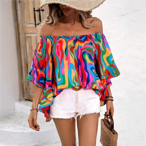 Damen Schulterfrei Marmor Leopardenmuster Rüschen Bluse Locker Lässig Kurzarm Urlaub Sommer Top Mode Hemd