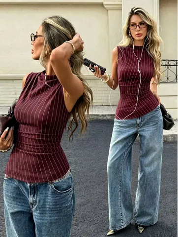 Camiseta Sin Mangas Casual Slim Fit Cuello Perkins Sin Mangas A Rayas Basic Verano Punto Pullover