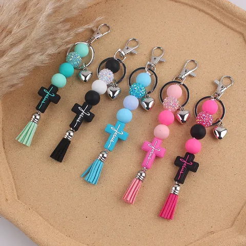 Creative Silicone Beaded Cross Keychain Leather Tassel Pendant Car Bag Charm Rhinestone Bead Key Ring Religious Gift For Women Men