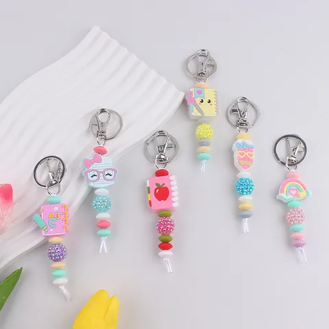 Handmade Silicone Beads Keychain Pendant For Teachers Day Gift Cartoon Apple Pencil Book Design Bag Charm Ornament With Alloy Lobster Clasp Rhinestone Accents