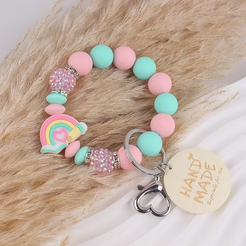 Handmade Silicone Bead Wristlet Keychain With Wooden Sign Print Leather Tag Rhinestone Charm Mother Day Gift Key Ring Pendant