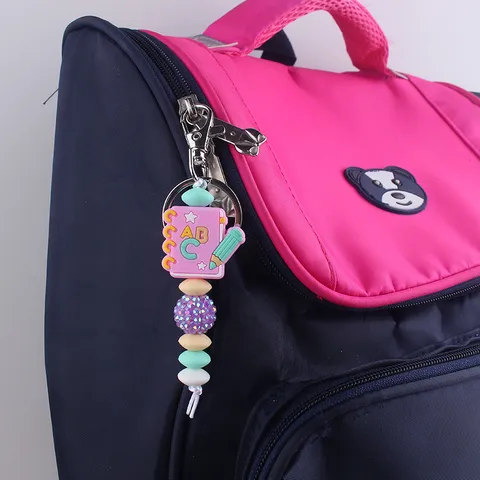 Handmade Silicone Beads Keychain Pendant For Teachers Day Gift Cartoon Apple Pencil Book Design Bag Charm Ornament With Alloy Lobster Clasp Rhinestone Accents