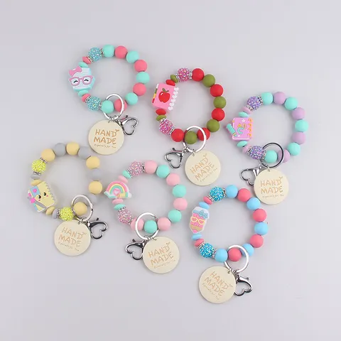 Handmade Silicone Bead Wristlet Keychain With Wooden Sign Print Leather Tag Rhinestone Charm Mother Day Gift Key Ring Pendant