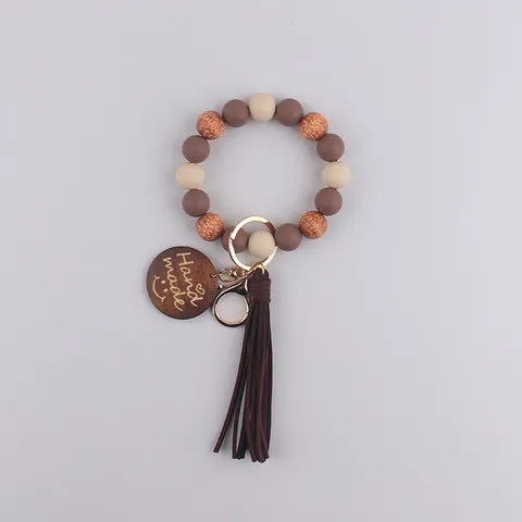 Handmade Smile Wooden Sign Silicone Bead Bracelet Leather Tassel Keychain Pendant Women Mother Day Gift Accessory