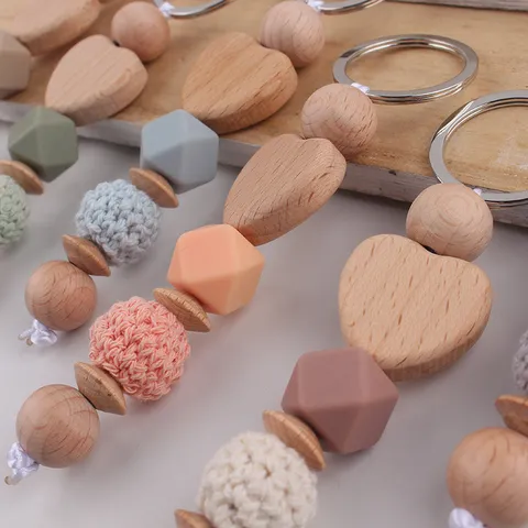 Handmade Beechwood Heart Keychain Silicone Geometric Beads Yarn Woven Balls Creative Bag Pendant Charm Accessories