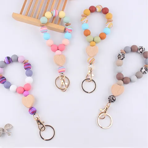 Silicone Beaded Wristlet Keychain With Beech Wood Heart Pendant DIY Leopard Print Water Transfer Bead Bracelet Keyring Women Jewelry