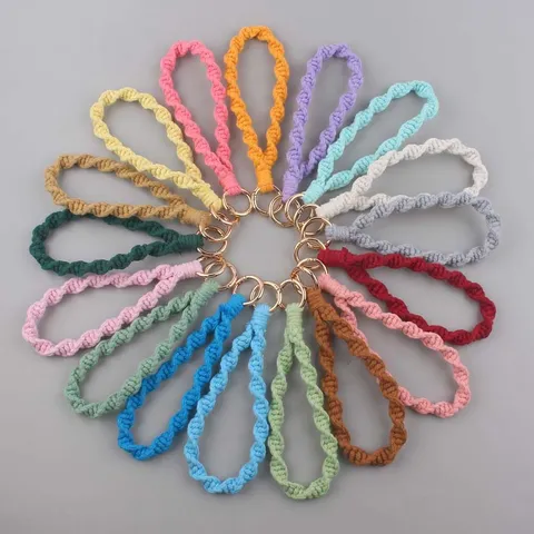 Handmade Woven Cotton Rope Keychain Wristlet Lanyard Boho Macrame Bag Charm Golden Alloy Key Ring Holder Accessories Gift
