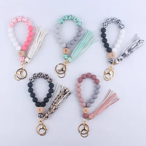 Silicone Bead Wristlet Keychain With Evil Eye Beech Wood Bead Leather Tassel Bracelet Key Ring For Women Fashion Jewelry