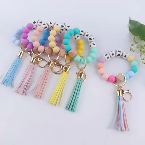 Women Silicone Bead Keychain Wristlet MAMA Letter Beads Silicone Bracelet Keychain With Leather Tassel Mother's Day Gift