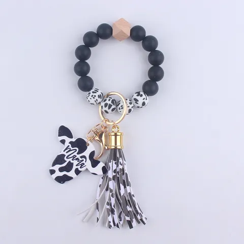 Western Style Silicone Beads Wooden Bead Keychain Bracelet Cow Print Tassel MAMA Bull Head Pendant Wristlet Key Ring For Women Gift
