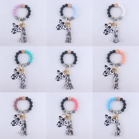 Western Style Silicone Beads Wooden Bead Keychain Bracelet Cow Print Tassel MAMA Bull Head Pendant Wristlet Key Ring For Women Gift