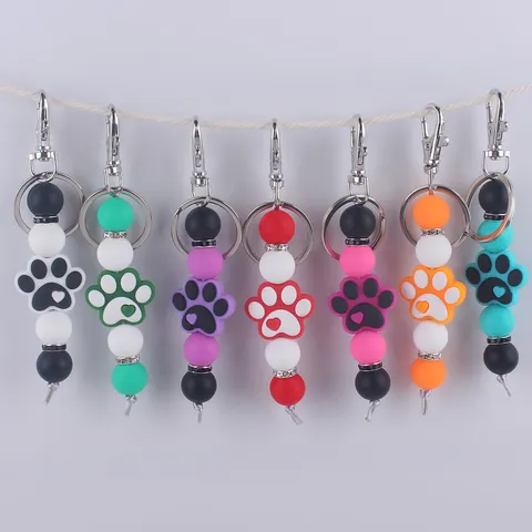 Llavero de Pulsera con Cuentas de Silicona de Dibujos Animados para Mujer Lindo Colgante de Pata de Perro Corazón Llavero Aleación Strass Bolsa Encanto