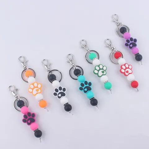 Llavero de Pulsera con Cuentas de Silicona de Dibujos Animados para Mujer Lindo Colgante de Pata de Perro Corazón Llavero Aleación Strass Bolsa Encanto
