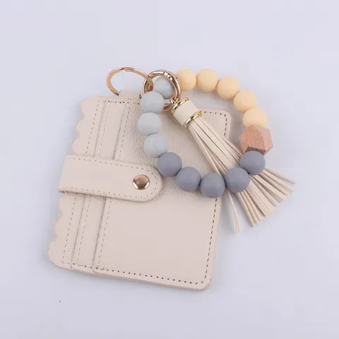 Llavero de Pulsera de Cuentas de Silicona Con Tarjetero de Cuero PU Borla Anillo de Llave para Mujer Cartera de Pulsera Llavero