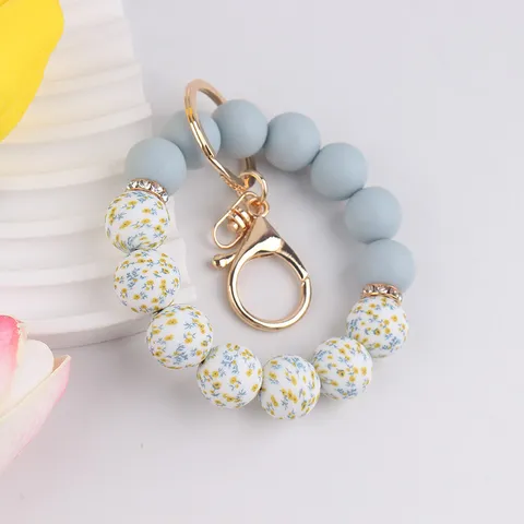 Fashion Silicone Beaded Keychain Water Transfer Printed Floral Leopard Wristlet Key Ring Alloy Rhinestone Bag Charm Gift For Mother Day Women