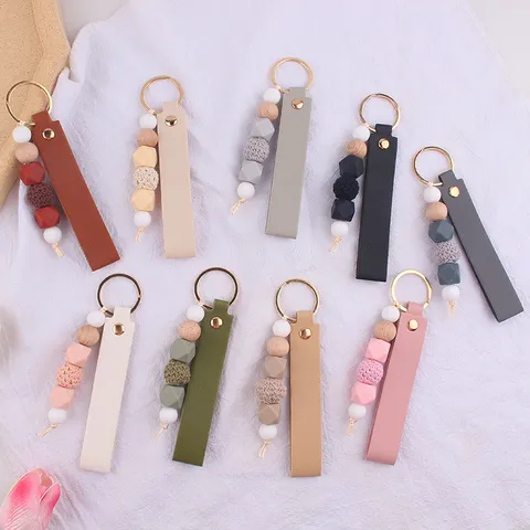 Portachiavi Artigianale in Pelle e Silicone con Perline Geometriche e Legno Ciondolo Borsa Ciondolo Auto Fai da Te per Uomo Donna