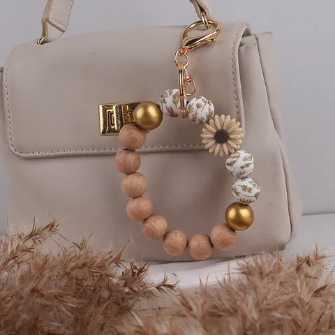 Handgefertigt Silikon Perlen Gänseblümchen Holz Schlüsselanhänger Armband Für Damen Tasche Charm Telefon Anhänger Deko Schlüsselring Geschenk