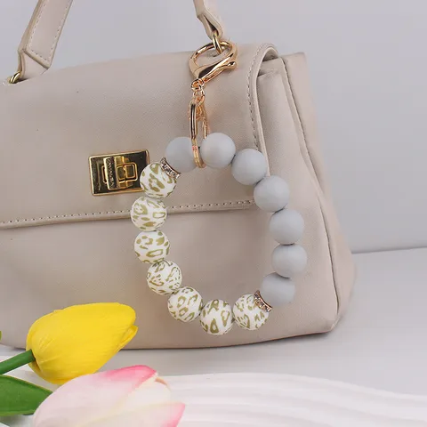 Fashion Silicone Beaded Keychain Water Transfer Printed Floral Leopard Wristlet Key Ring Alloy Rhinestone Bag Charm Gift For Mother Day Women