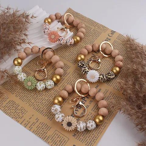 Handgefertigt Silikon Perlen Gänseblümchen Holz Schlüsselanhänger Armband Für Damen Tasche Charm Telefon Anhänger Deko Schlüsselring Geschenk