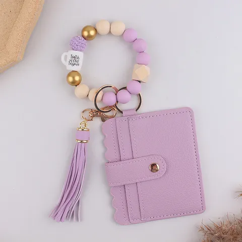 Silikon Perlen Schlüsselanhänger Armband Mit PU Leder Kartenhalter Brieftasche Quaste Kaffee Tasse Anhänger Schlüsselring Geschenk Für Lehrer