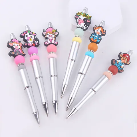 DIY Beaded Ballpoint Pen Creative Handmade Cow Silicone Beads Pen Multicolor Plastic Rhinestone Decorative Writing Pen For Office School Supplies